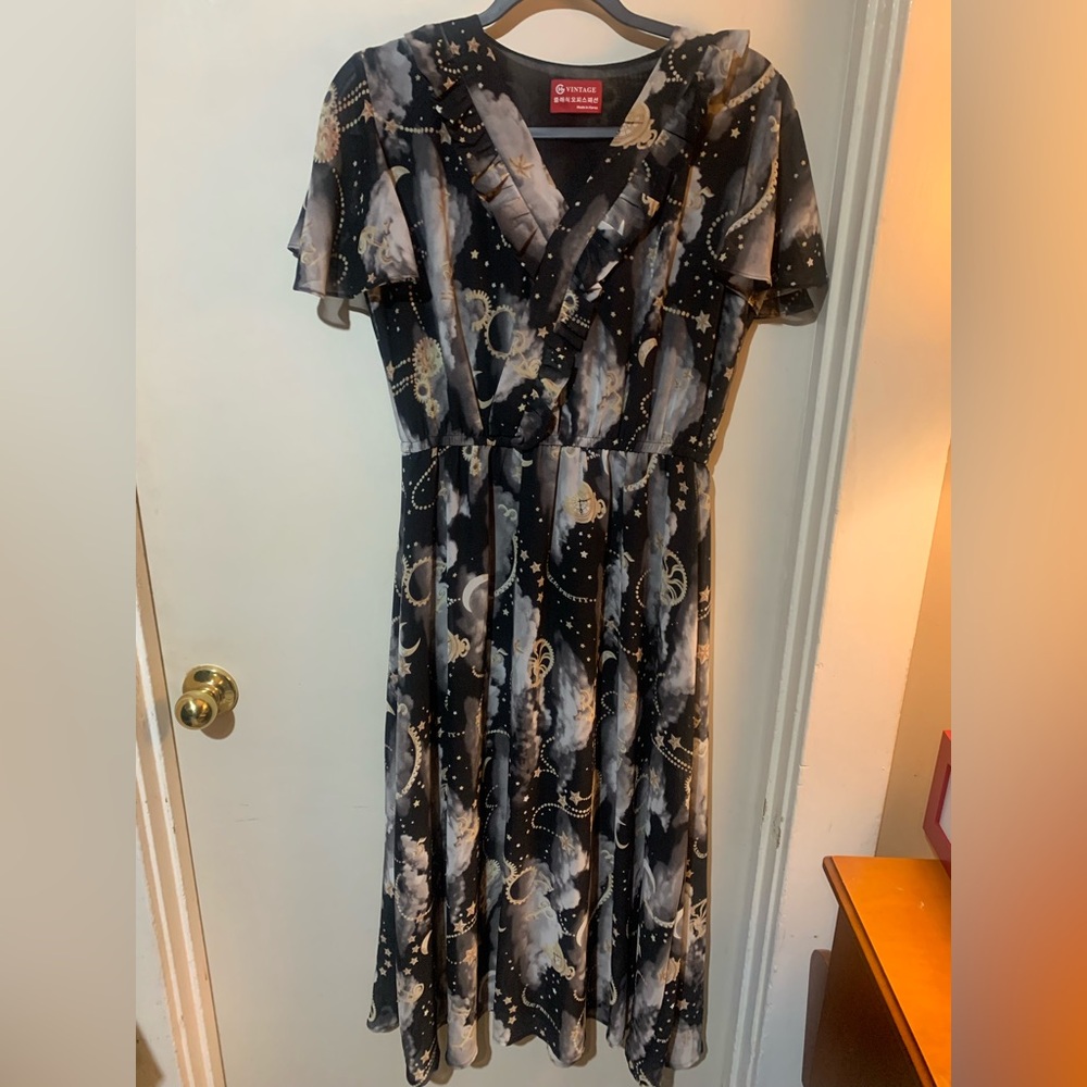 Vintage Black and Gray Celestial Midi Dress
